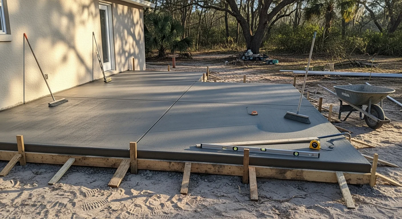 A freshly poured and broom-finished concrete patio behind a single-family home in Gulf Breeze, FL, with clean edges, proper slope away from the house, and a smooth surface ready for outdoor furniture.