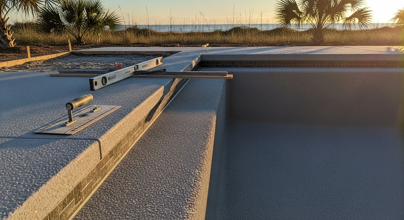A freshly installed concrete pool deck surrounding an inground pool in a Gulf Breeze, FL backyard, showing a textured slip-resistant surface with clean edges and a gentle slope away from the pool. The deck reflects the bright Florida sun with no standing water visible along the pool perimeter.