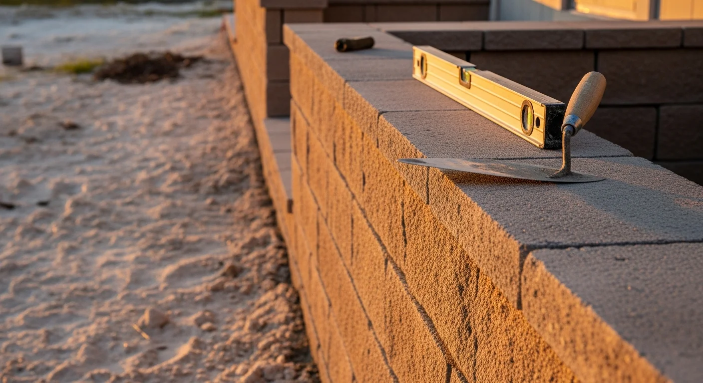 A finished decorative masonry retaining wall and raised garden border installed at a residential property in Gulf Breeze, FL, with clean mortar joints and a smooth cap surface. The masonry feature runs along the edge of a landscaped yard with a coastal-style home visible in the background.