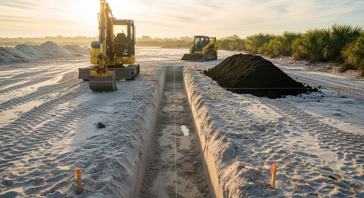 A tracked excavator digging a foundation cut on a residential lot in Gulf Breeze, FL, with sandy soil visible along the excavation walls. The cleared site shows graded earth ready for concrete work, with coastal vegetation visible in the background.