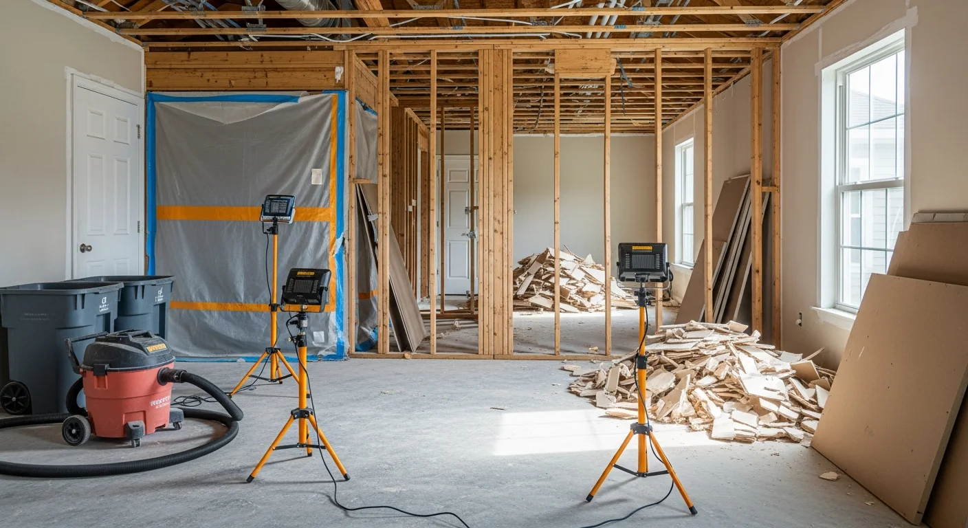 Interior demolition in progress inside a Gulf Breeze, FL residential property, showing removed wall framing and cleared concrete flooring ready for rebuild. Debris is contained to the work area with adjacent rooms left intact.