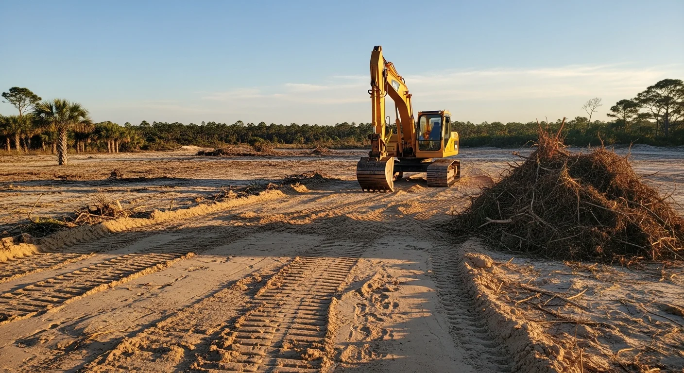 A Gulf Breeze, FL residential lot after professional land clearing, showing bare sandy soil with stumps and brush fully removed. Heavy equipment tracks are visible across the leveled ground, with a cleared tree line at the property edge.