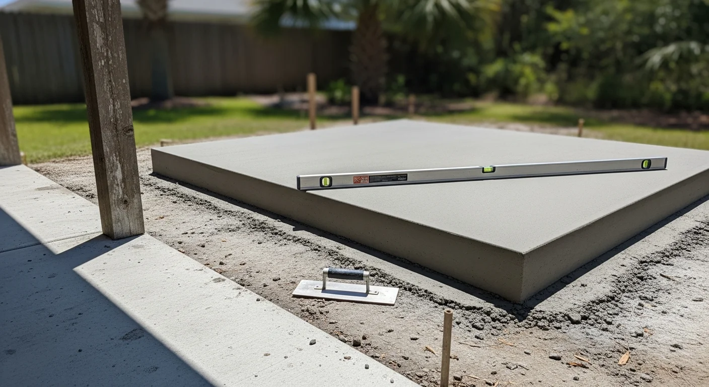 A completed masonry outdoor kitchen island with a concrete countertop and stone veneer finish, built in a Gulf Breeze, FL backyard. The structure sits on a reinforced concrete slab with rough openings for a built-in grill and storage access panels.