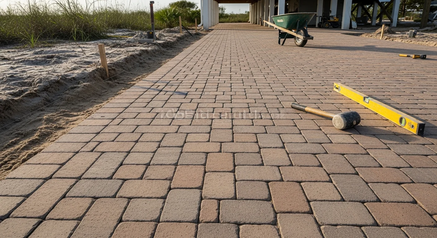 Newly installed interlocking paver driveway at a Gulf Breeze, FL residential property, showing clean joint lines, a defined perimeter edge, and a surface graded to direct water away from the home. The coastal setting includes a single-story house with a clear view of the finished driveway from the street.