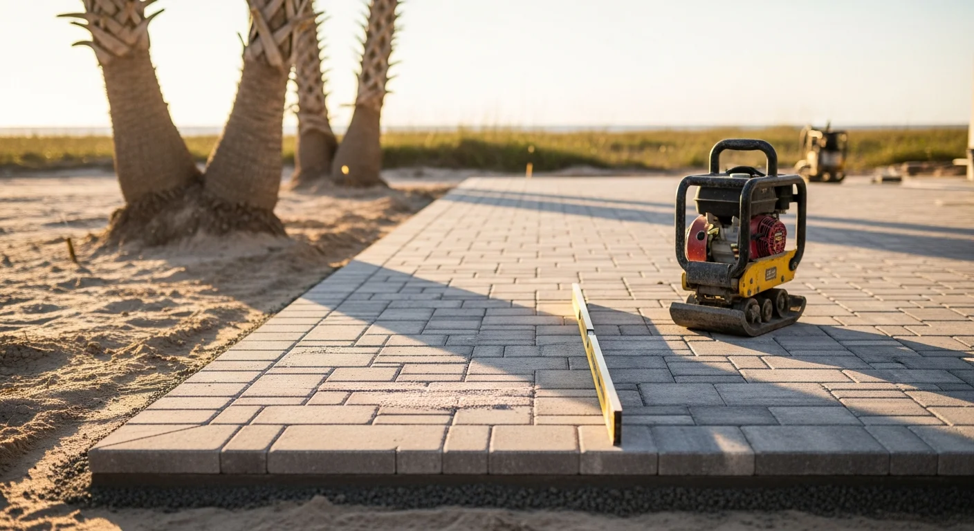 A completed paver patio installed in a Gulf Breeze, FL residential backyard, showing level interlocking pavers with tight joints and a concrete border edge. The patio extends from the back of a single-family home toward a landscaped yard near the Gulf Coast.