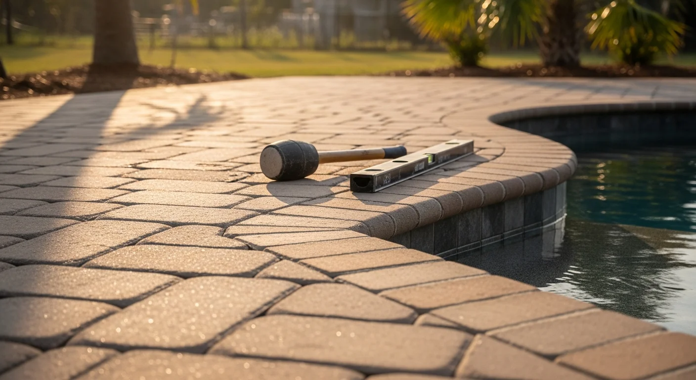 Newly installed paver pool deck surrounding a residential inground pool in Gulf Breeze, FL, with clean joint lines, a slip-resistant surface, and a graded edge that directs water away from the pool shell. The coastal backyard setting shows the finished hardscape under bright Florida Panhandle sunlight.