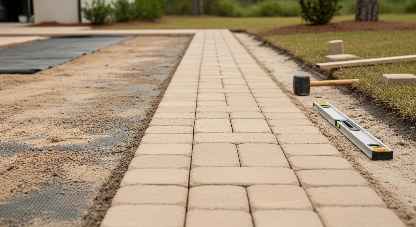 A freshly installed paver walkway leading from a residential driveway to a front door on a single-family home in Gulf Breeze, FL. The walkway features a compacted base with neatly set pavers and edge restraints, surrounded by coastal landscaping.