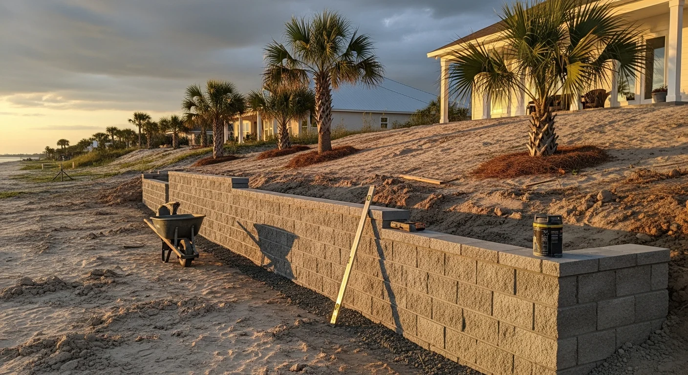 A finished concrete masonry retaining wall holding back a sloped residential yard in Gulf Breeze, FL, with clean drainage at the base and level lawn space above. The wall runs along the property edge near a waterfront lot, showing the structured face of stacked concrete masonry units.