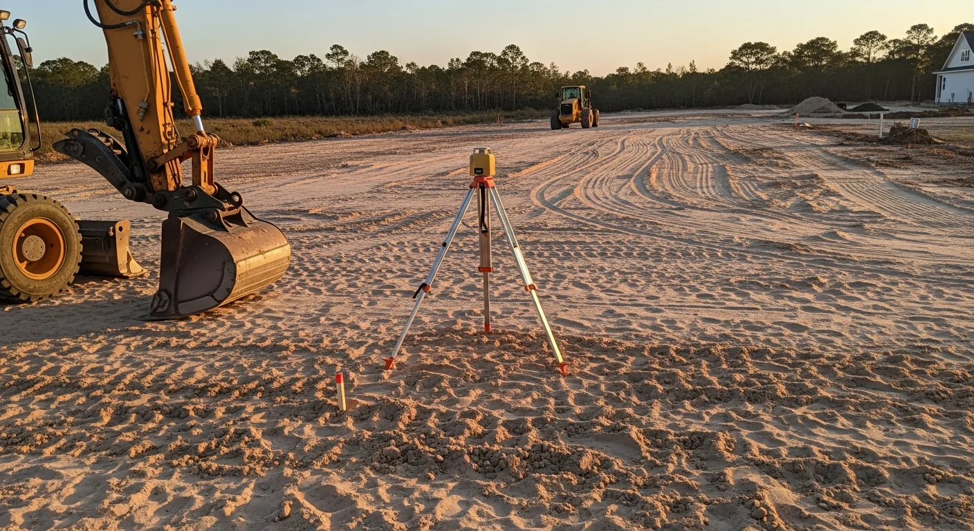 A graded and compacted residential lot in Gulf Breeze, FL with smooth, level subgrade ready for concrete slab installation. Sandy coastal soil is visible along the lot edges, with a cleared building pad in the foreground.