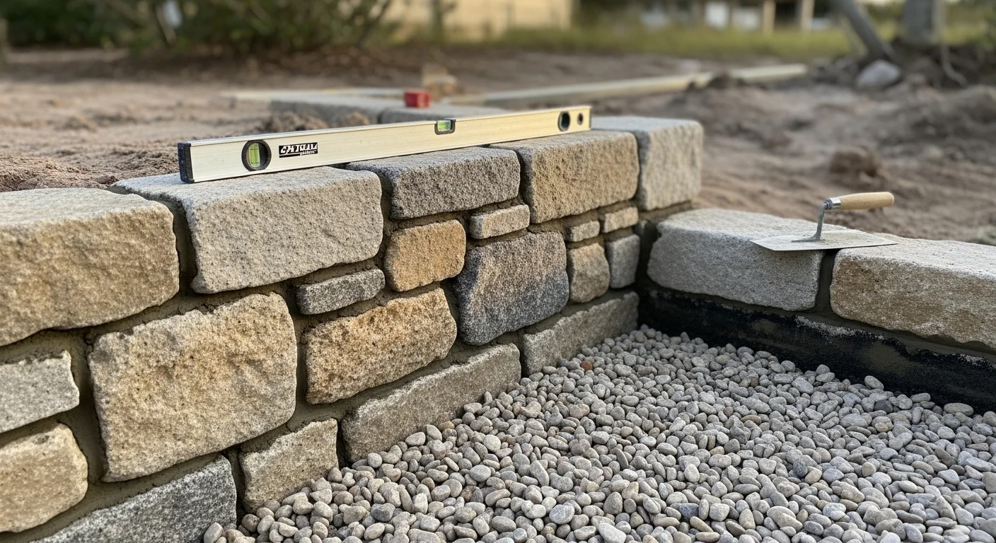 A finished stone retaining wall along the rear yard of a Gulf Breeze, FL residential property, with tightly set stone and clean mortar joints. The wall follows the natural slope of the lot with a grass lawn visible above the top course.
